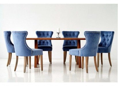 Rechteckiger Holztisch Designer x6 Chesterfield Blaue Stühle 7tlg. Essgruppe